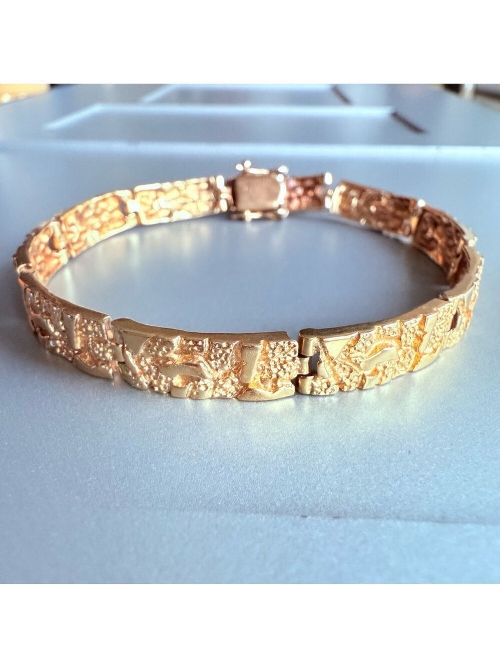 Solid 14k Yellow Gold Nugget Panel Link Bracelet HEAVY